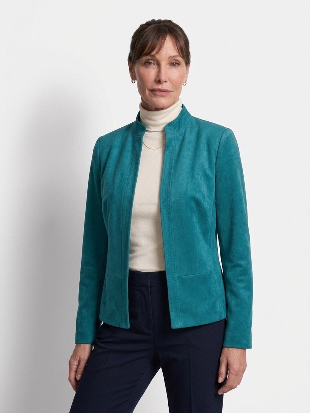 Faux suede jacket, Dressbarn, teal green zip-front blazer Petite Medium
